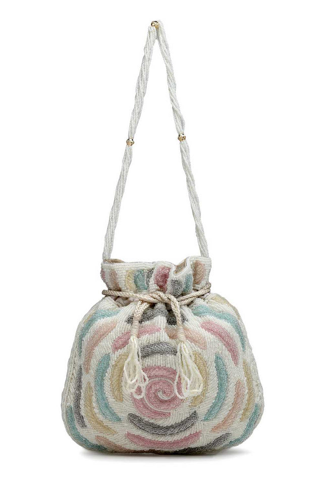 White Embellished Faux Silk Potli