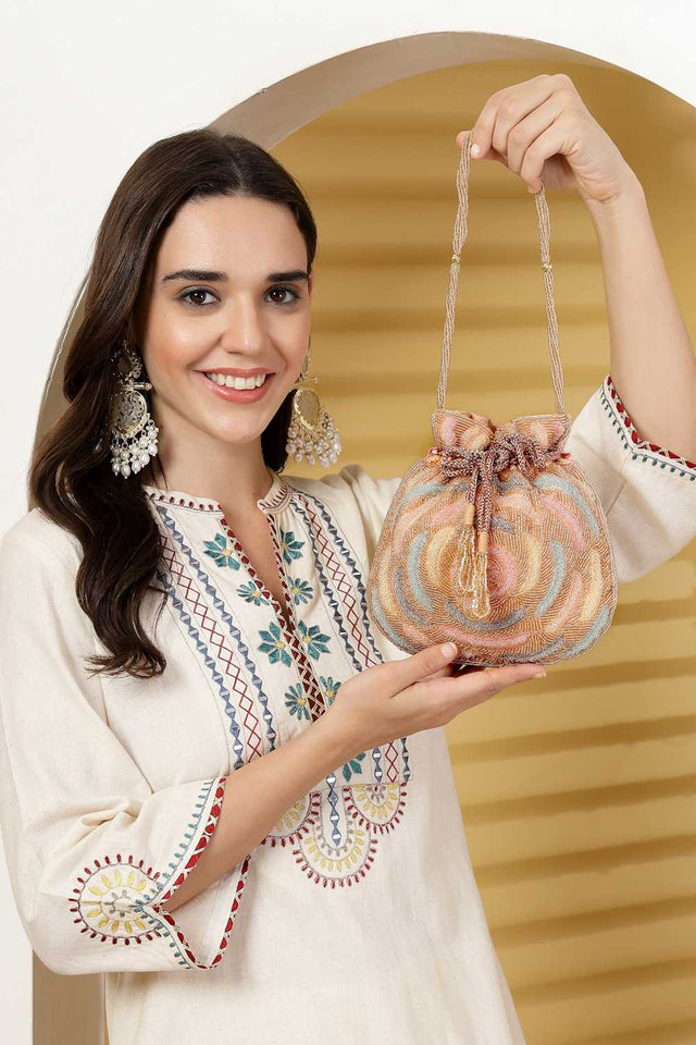 Orange Embellished Faux Silk Potli (ADCL3114B)