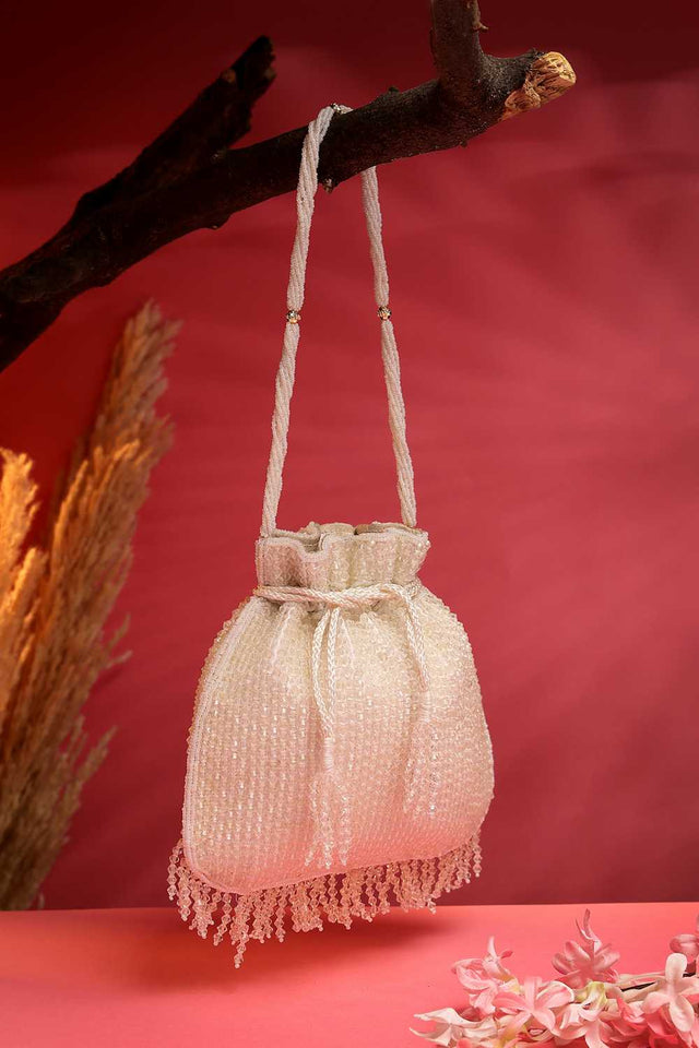 White Embellished Faux Silk Potli