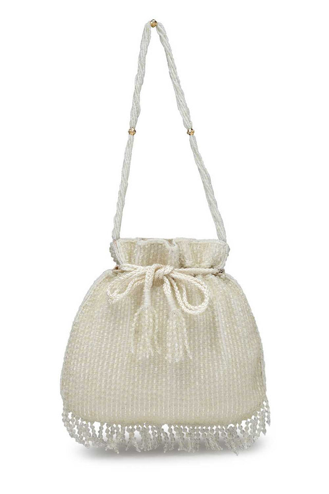 White Embellished Faux Silk Potli