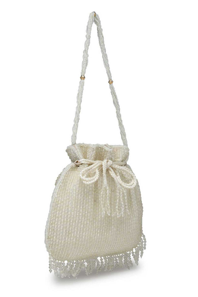 White Embellished Faux Silk Potli