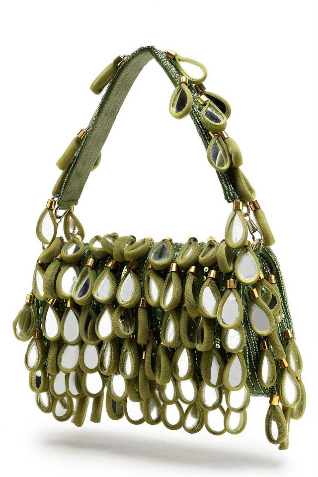 Olive Green Embellished Material Clutch