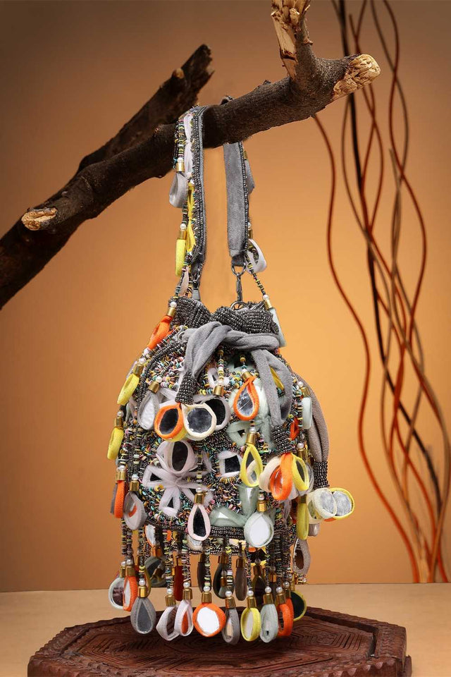 Grey Embellished Material Potli