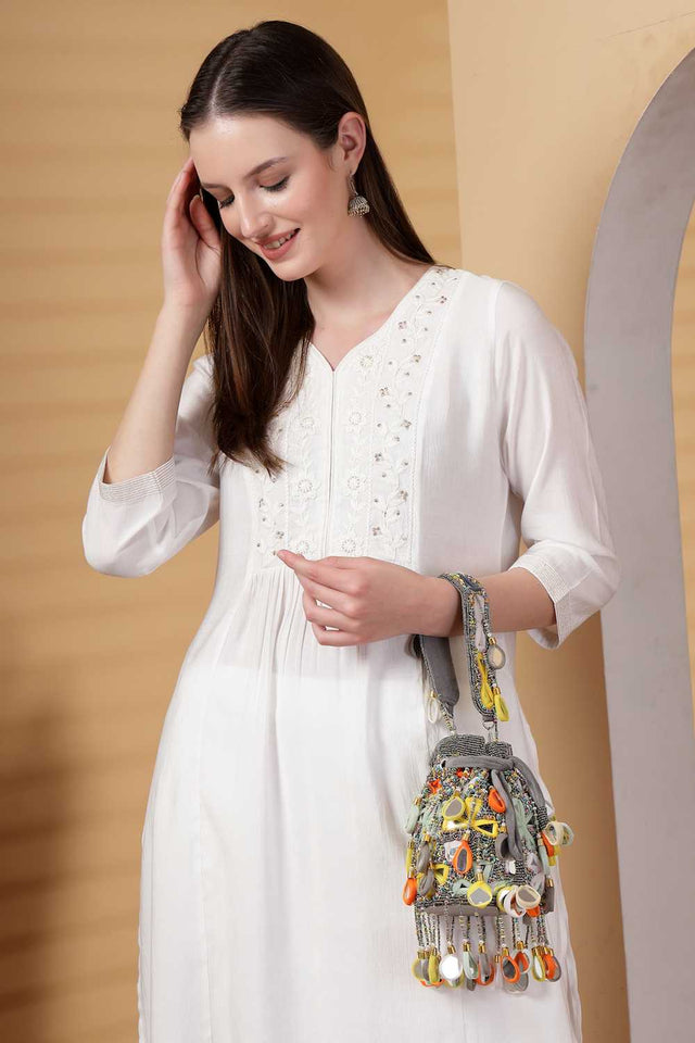 Grey Embellished Material Potli