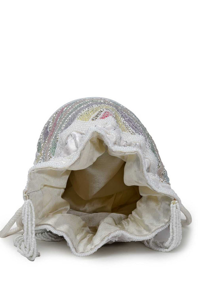 White Embellished Faux Silk Potli