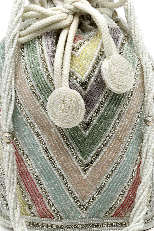 White Embellished Faux Silk Potli