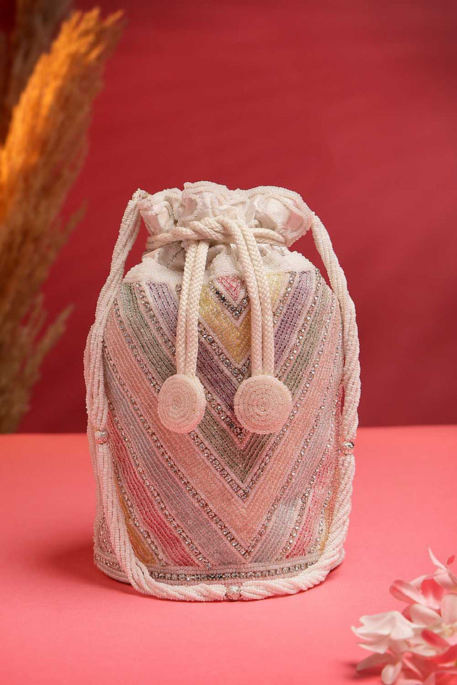 White Embellished Faux Silk Potli