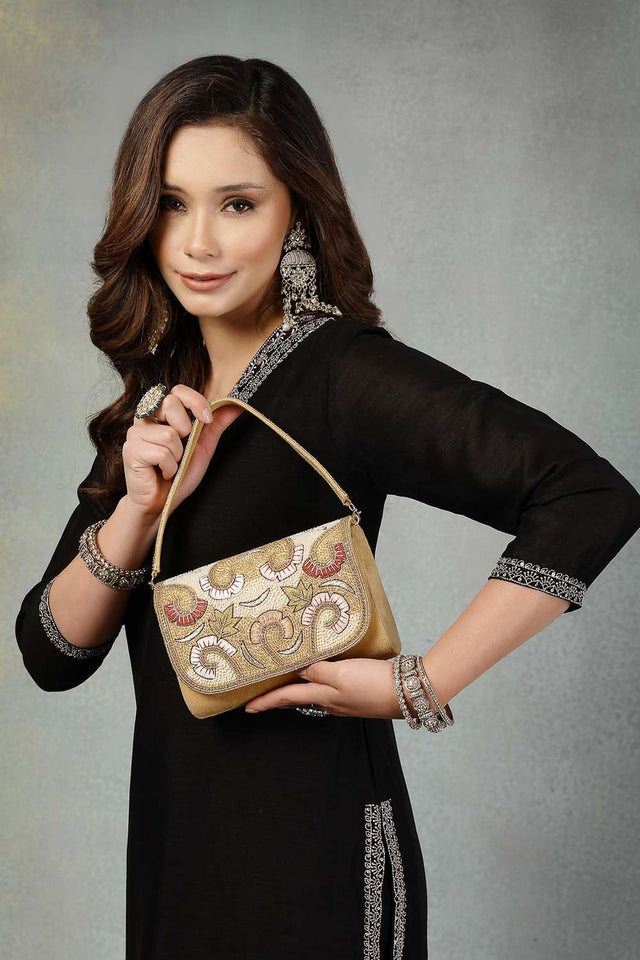 Gold Embellished Premium Faux Suede Clutch