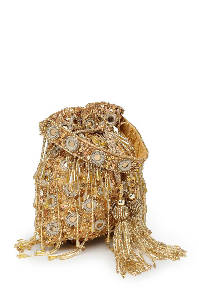 Yellow Embellished Faux Silk Potli