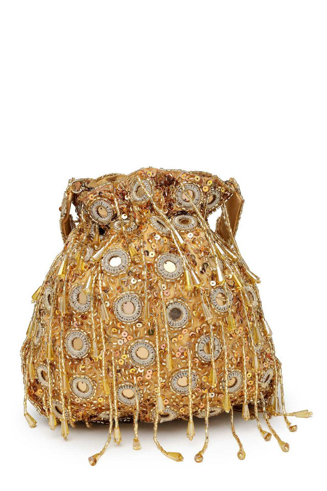 Yellow Embellished Faux Silk Potli