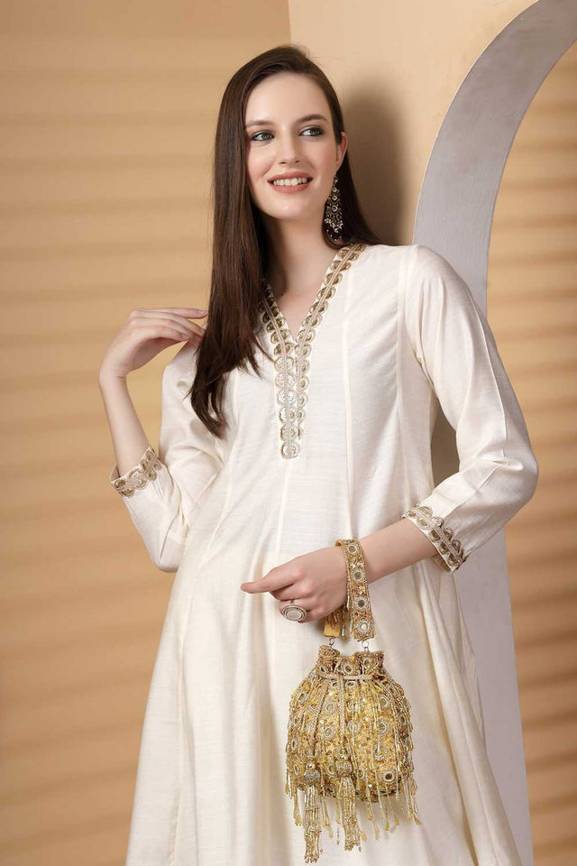 Yellow Embellished Faux Silk Potli