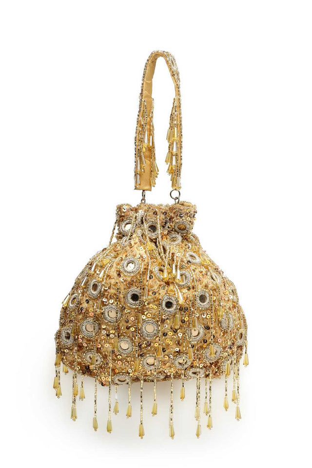 Yellow Embellished Faux Silk Potli