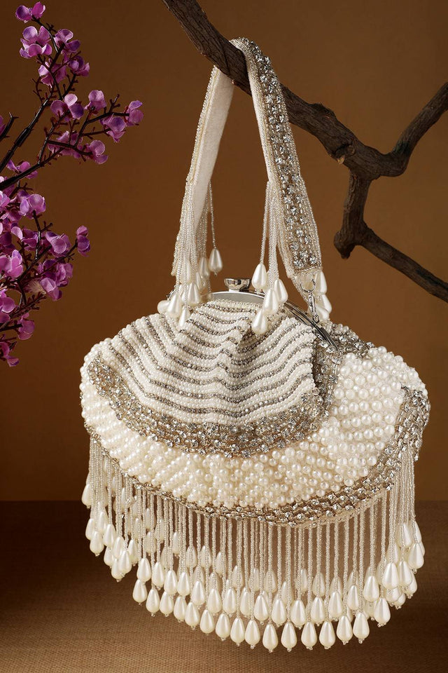 White Pearl Embellished Velvet Clutch