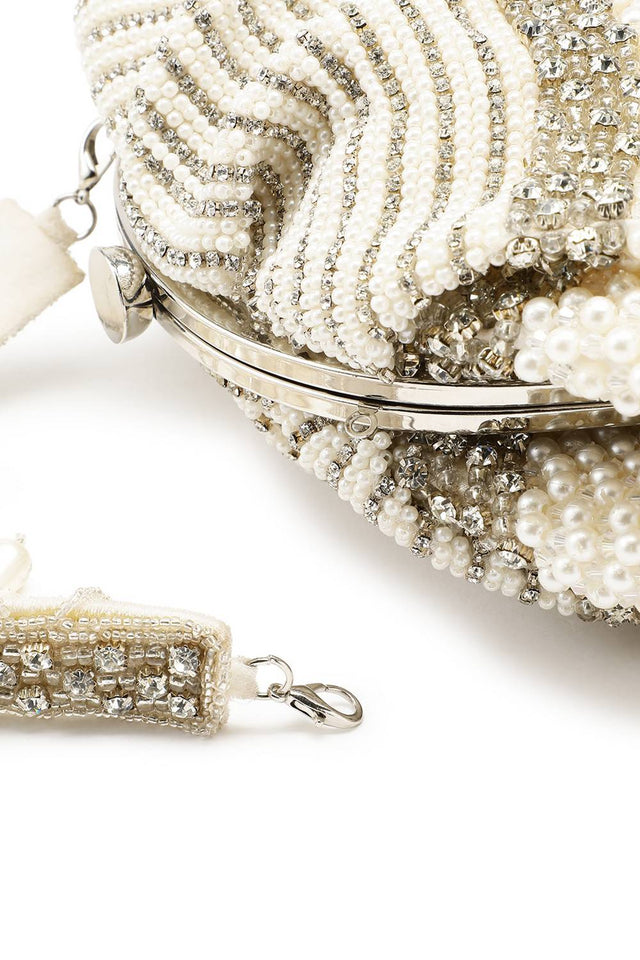 White Pearl Embellished Velvet Clutch