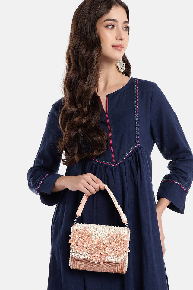 Pink Floral Cutwork Embellished Velvet Clutch