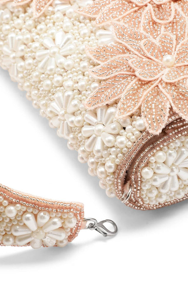 Pink Floral Cutwork Embellished Velvet Clutch