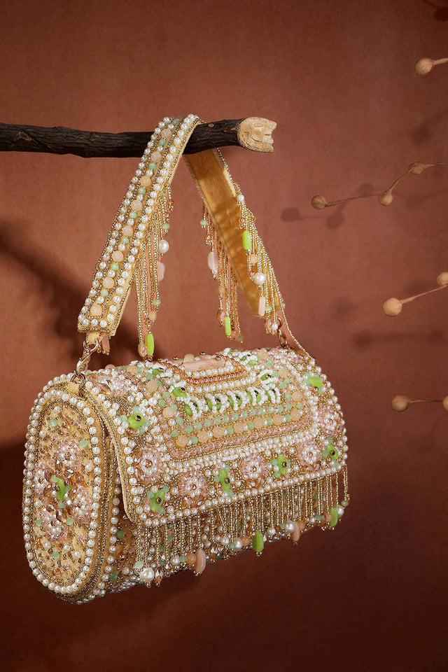 Beige Accent Beads Embellished Velvet Clutch