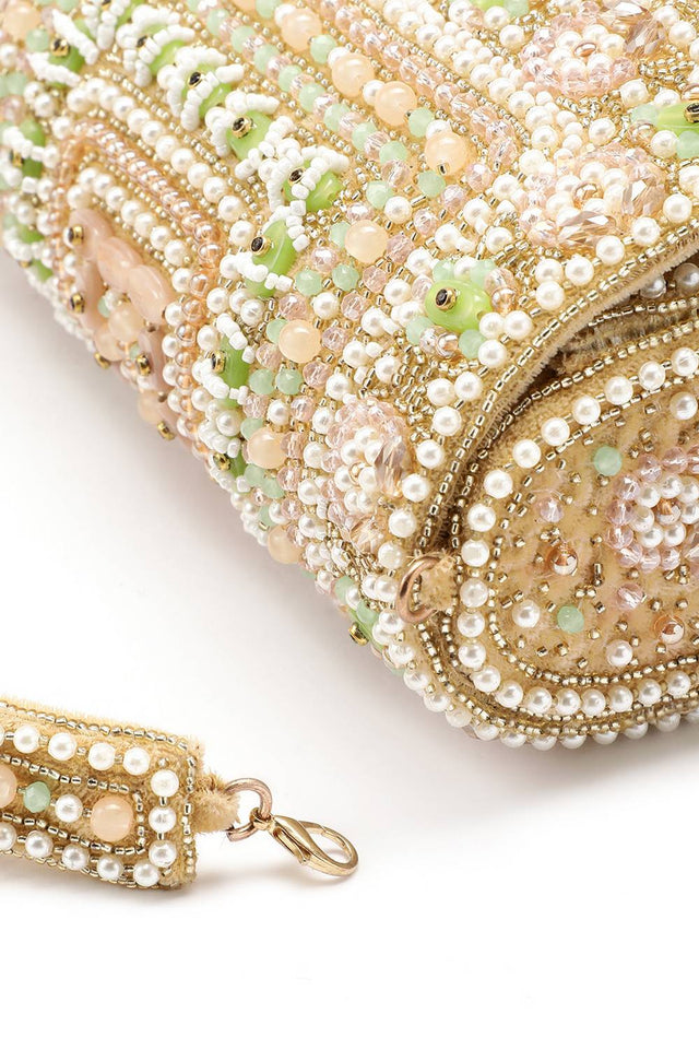 Beige Accent Beads Embellished Velvet Clutch