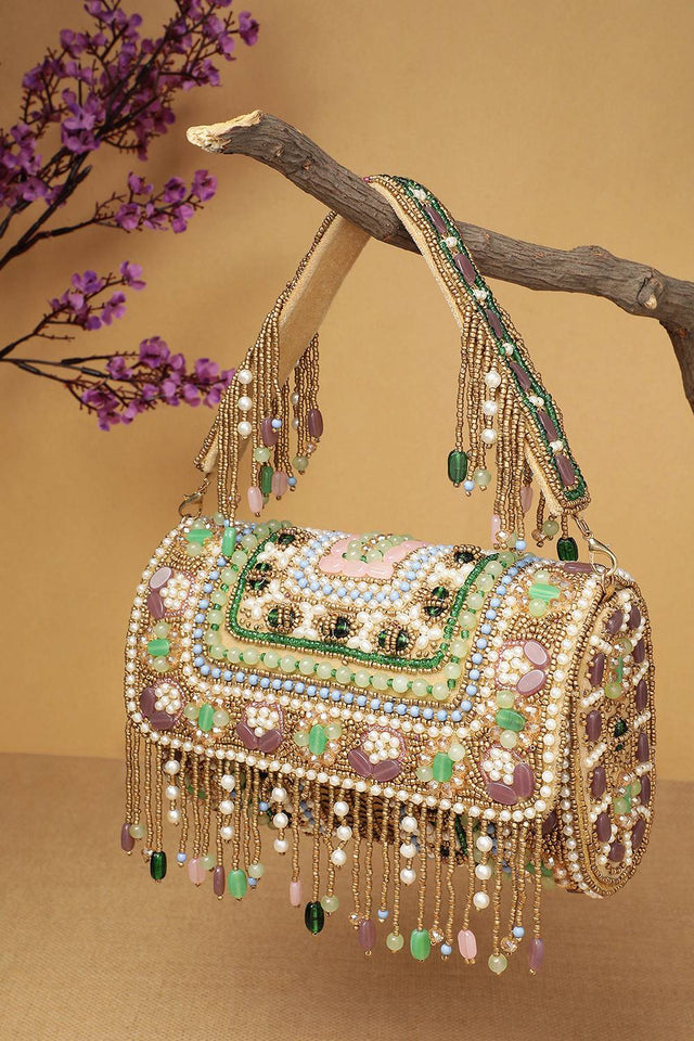 Gold Accent Beads Embellished Velvet Clutch