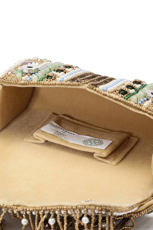 Gold Accent Beads Embellished Velvet Clutch