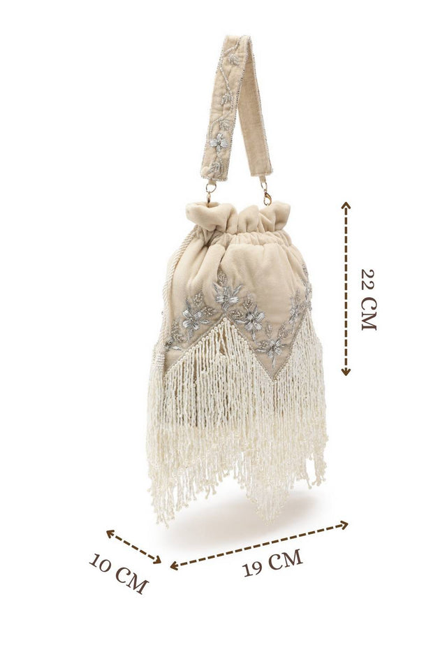 Cream Floral Zari Embroidered Velvet Potli
