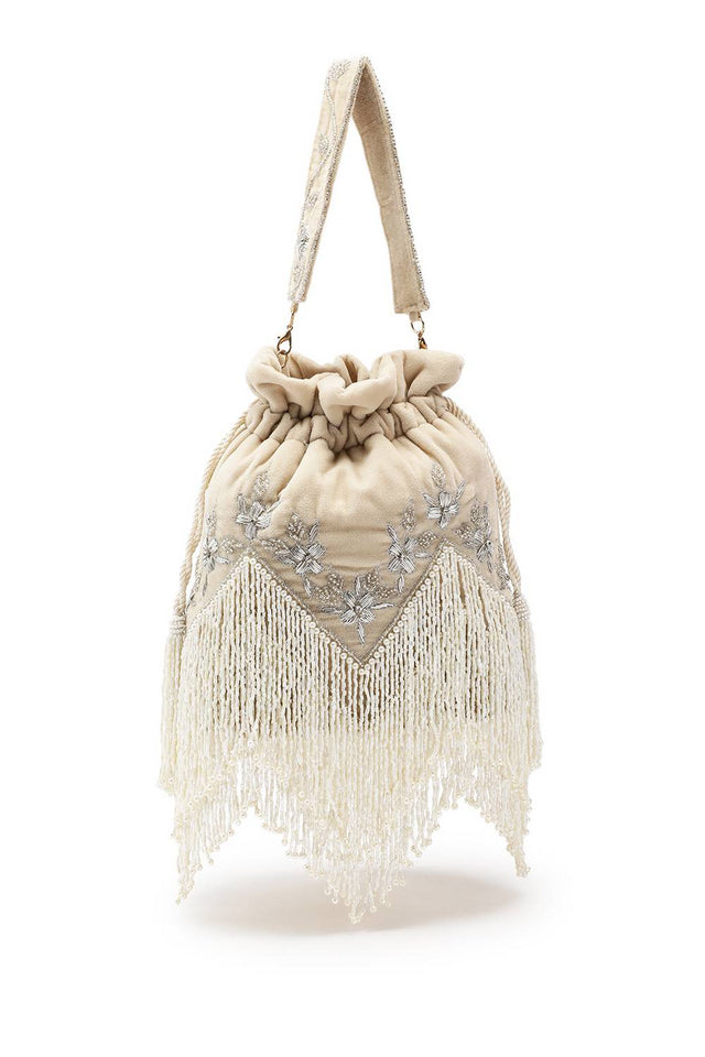 Cream Floral Zari Embroidered Velvet Potli