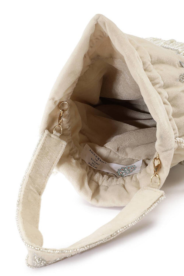 Cream Floral Zari Embroidered Velvet Potli