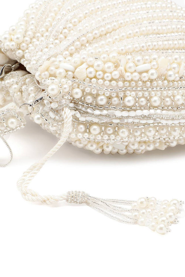 White Pearl Beaded Silk Potli