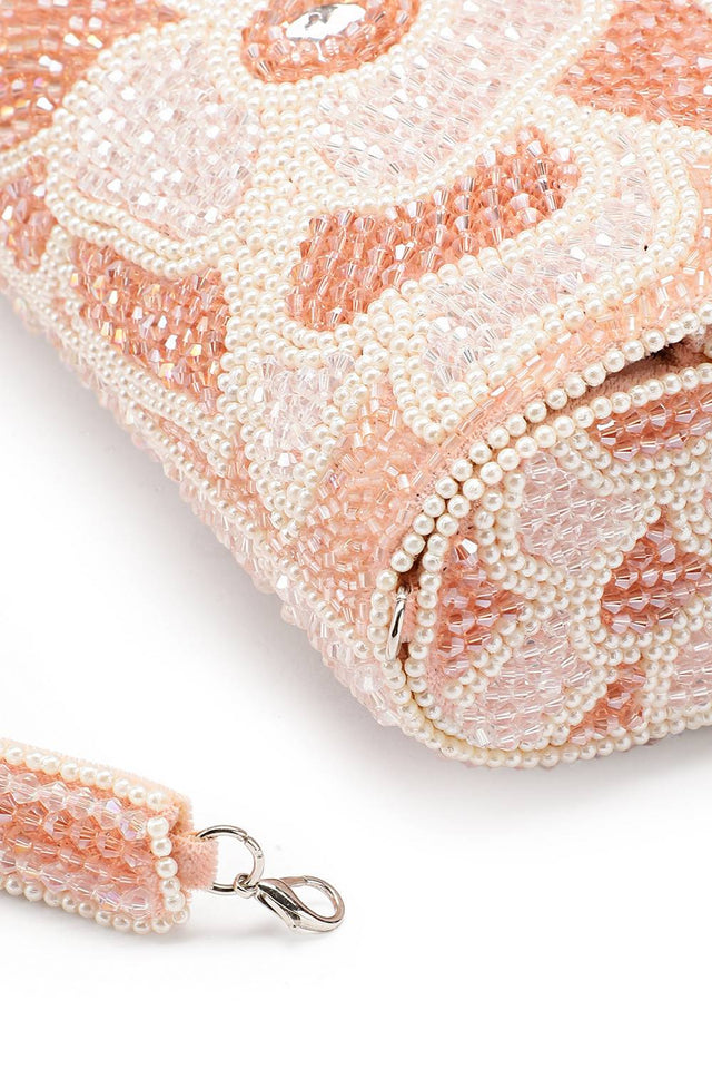Pink Floral Crystal Beaded Velvet Clutch