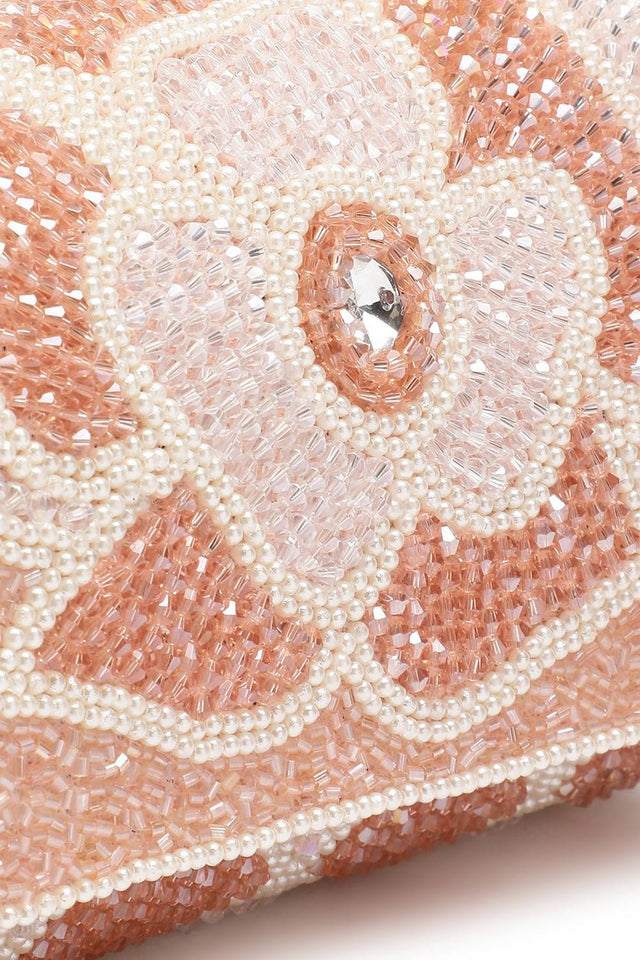Pink Floral Crystal Beaded Velvet Clutch