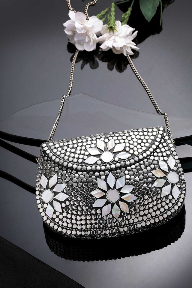 Silver Embellished Metal Clutch