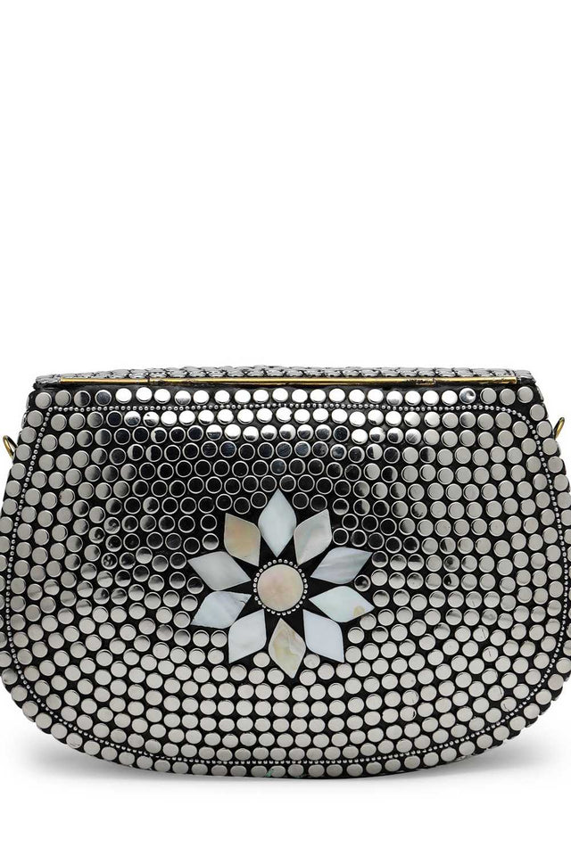 Silver Embellished Metal Clutch