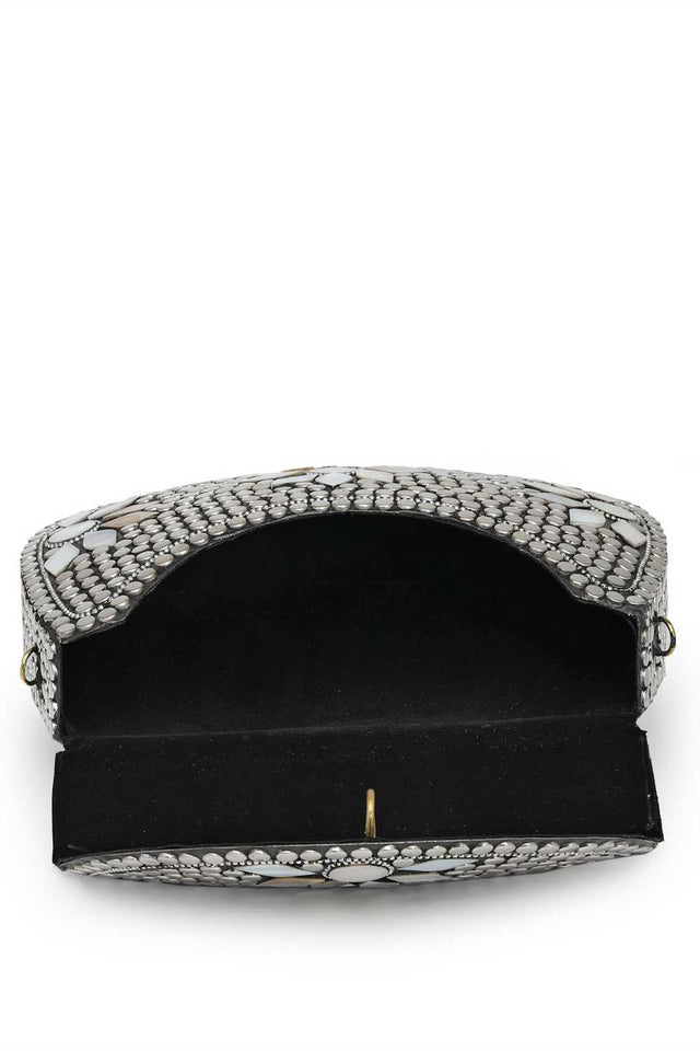 Silver Embellished Metal Clutch