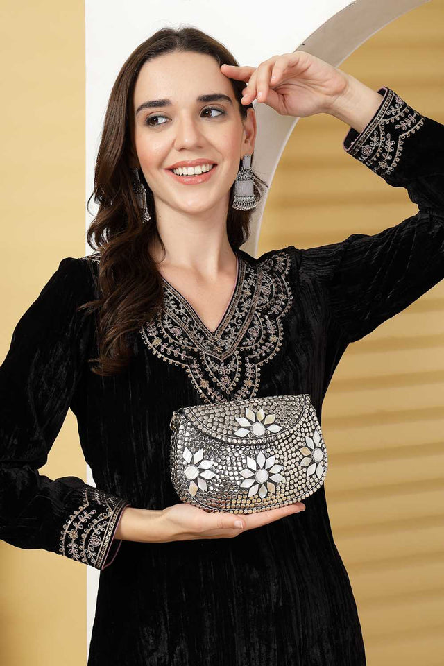 Silver Embellished Metal Clutch