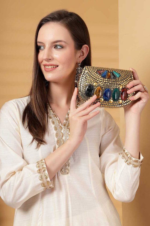 Gold Embellished Metal Clutch