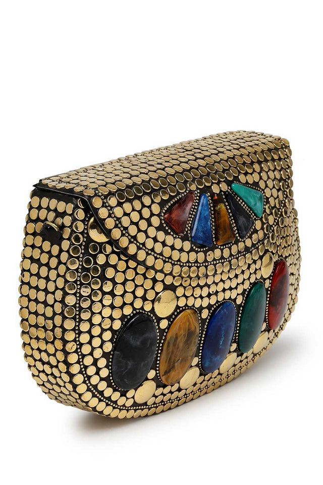 Gold Embellished Metal Clutch