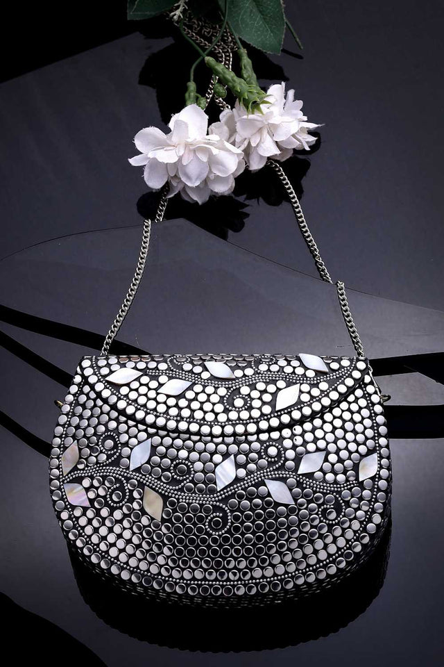 Silver Embellished Metal Clutch