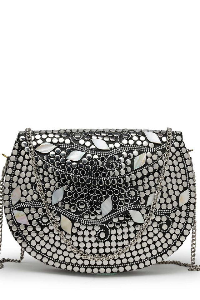 Silver Embellished Metal Clutch