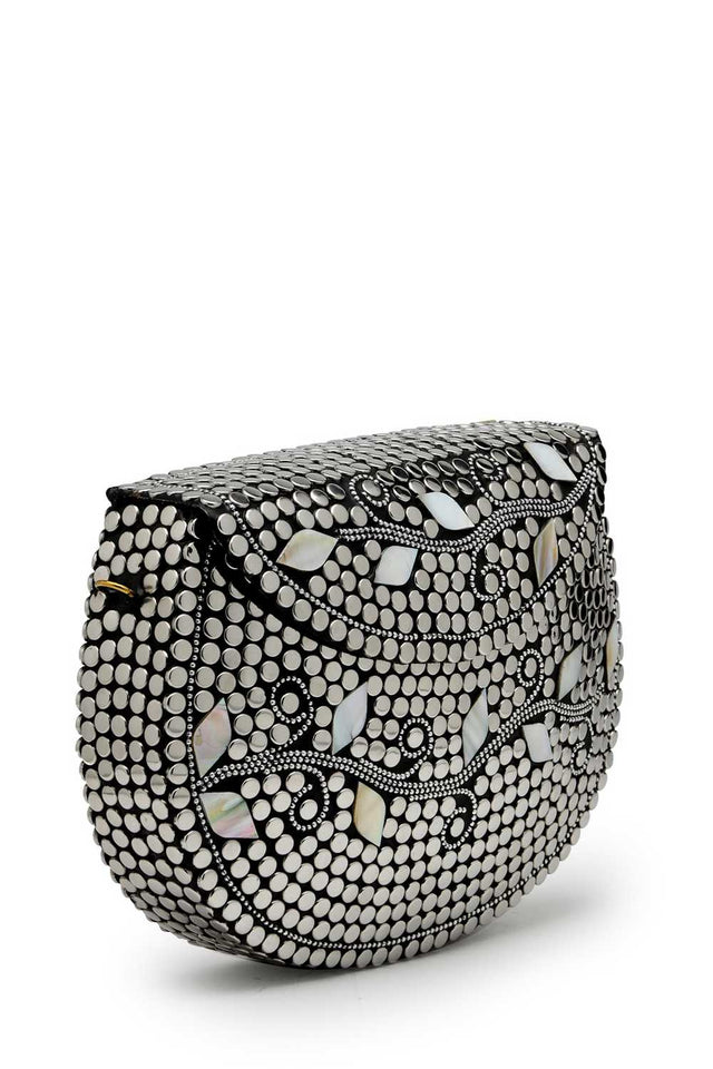 Silver Embellished Metal Clutch