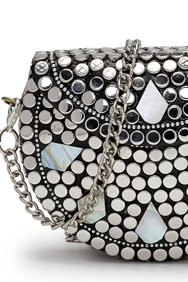 Silver Embellished Metal Clutch