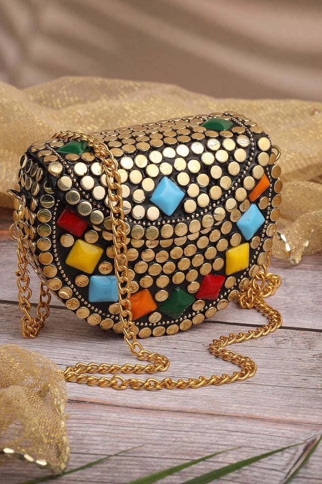 Multi Color Embellished Metal Clutch