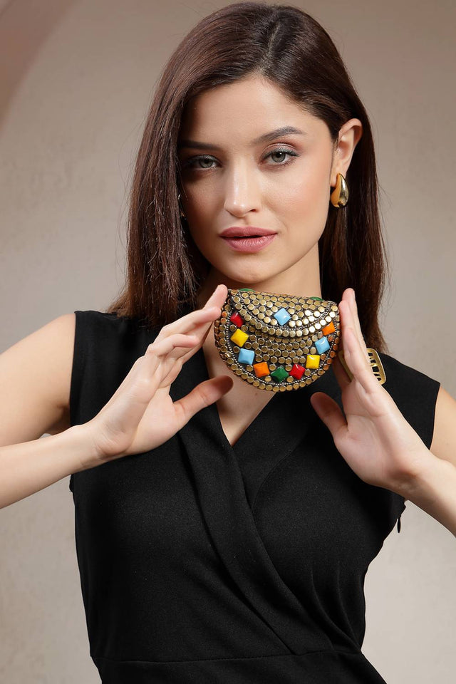 Multi Color Embellished Metal Clutch