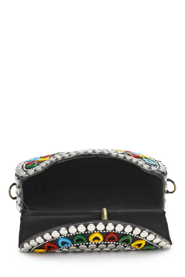 Silver Embellished Metal Clutch