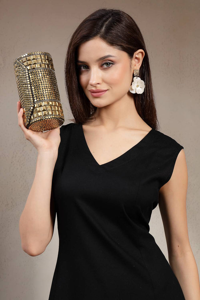 Gold Embellished Metal Clutch