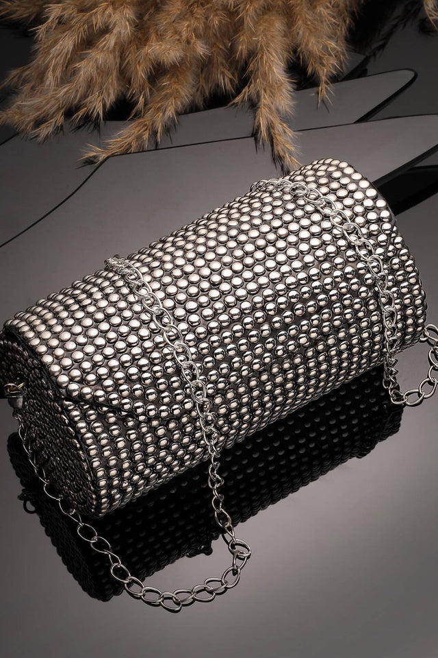 Silver Embellished Metal Clutch