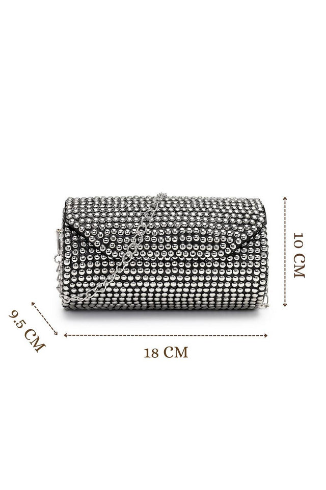 Silver Embellished Metal Clutch