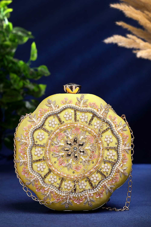 Yellow Embellished Faux Silk Clutch