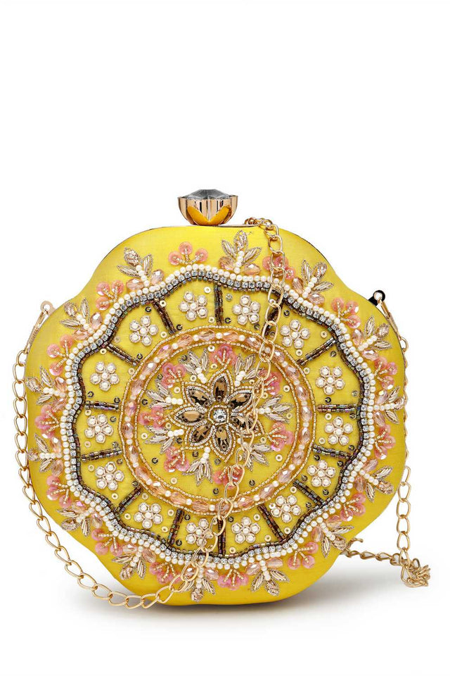 Yellow Embellished Faux Silk Clutch