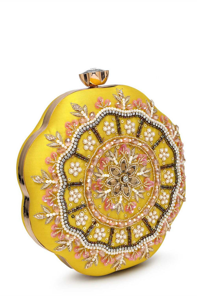 Yellow Embellished Faux Silk Clutch