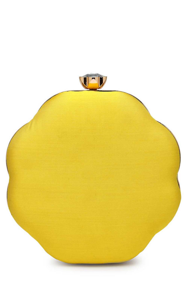 Yellow Embellished Faux Silk Clutch